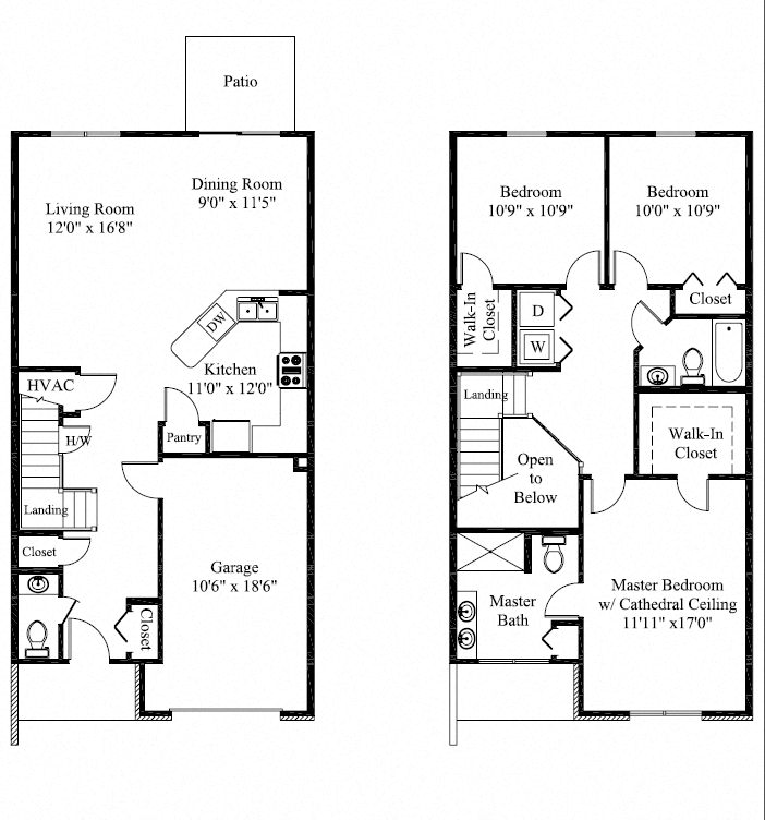 Floor plan for 3 beds, 3 baths, 1600 sqft